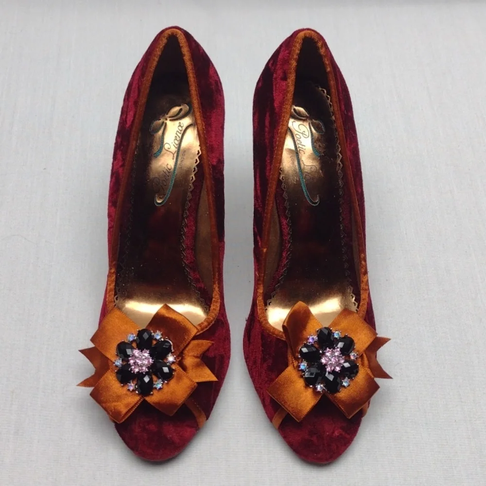 Poetic License Burgundy Velvet Heels with Gold Bow & Jewel Accent